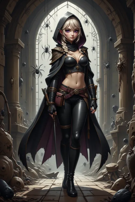 sexy elven thief (female, lanky, gorgeous, perky breasts, skin tight black leather thief outfit (sexy), belly exposed, confident, ankle boots, tool pouch on her belt, short sword, violet eyes, platinum blonde hair), she is in a high fantasy adventure dunge...