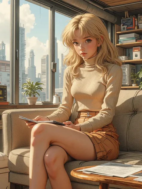 short girl, about fifteen years old,  with blond long hair and brown eyes, in a beige turtleneck and skirt, sits on a sofa in a bright modern office and looks at papers, there is a small coffee table next to it