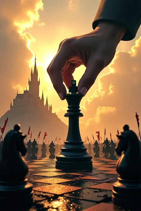 A surreal fantasy scene depicting a colossal hand moving a black chess pawn on an enormous chessboard. Around the chessboard, a battlefield unfolds with armored knights on horseback charging into battle, wielding swords and banners. In the distance, a maje...