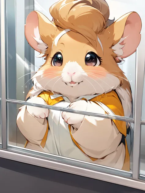 Personification , furry female hamster , Press chest against the glass