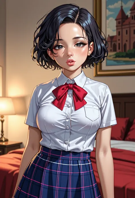 (((1girl:1.5))), Masterpiece, Best quality, amazing beauty, 4K, absurdres, finely detail, (super detailed eye), perfect anatomy, official art, cinematic lighting, BREAK, ((((Bright bedroom)))), silky short hair, (tired hair), [black hair], (((super shiny d...