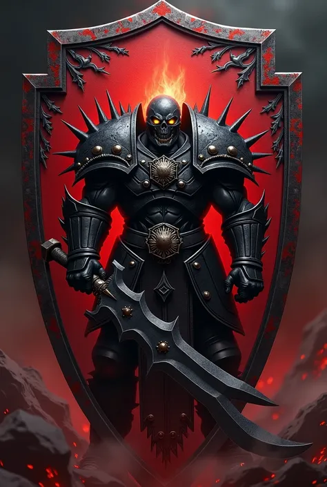 I want to create a shield for my Blood Bowl team called Black Bloodlords with red and black colors and with a warrior of chaos from Warhammer. Instead of a sword, I prefer it to have a spiked rugby ball and I want it to put the name of the team on the top 