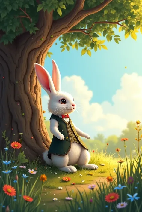  One sunny day ,  a girl named Alicia was sitting under a tree when she saw a white rabbit passing by wearing a vest and a pocket watch. The rabbit muttered : "¡Oh, no!  I'm going to be late !"  and jumped into a burrow . Alicia, curious,  decided to follo...