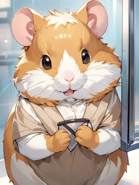 Personification , furry female hamster , Press chest against the glass