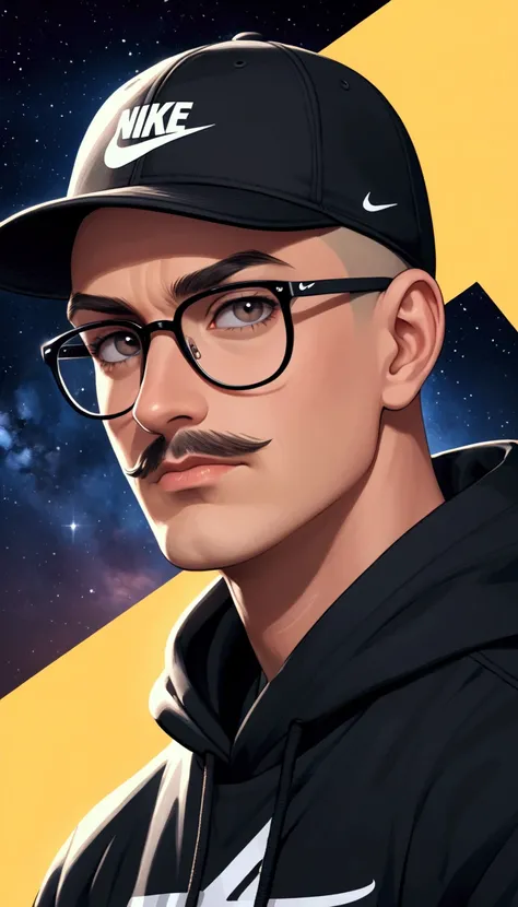 Drawing of a man with shaved hair on the sides, wearing a black Nike cap, with glasses on his big, nerdy face, with a thin, small mustache and pointy at the ends, wearing a sweatshirt with Star written on it.