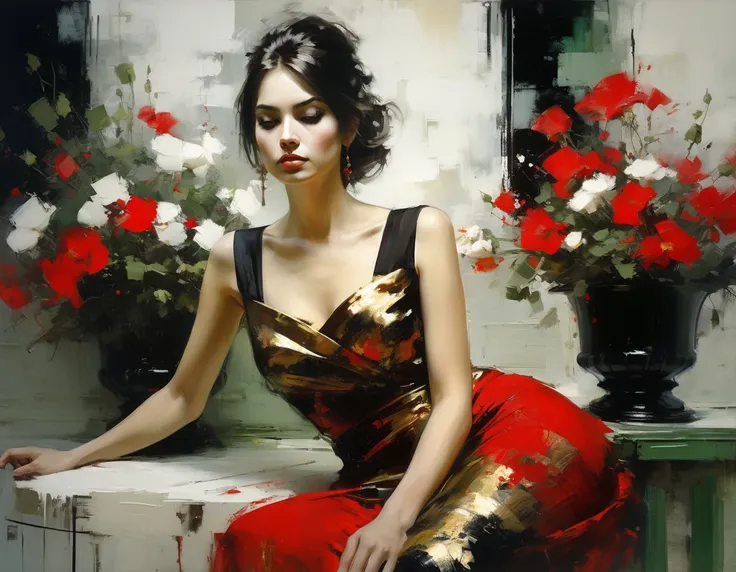 painting of a young girl, with a BLACK, WHITE, RED and gold dress, FLOWERING GARDEN,, PASSARLA,, WHITE HOUSE, BRONZE VASE. GREEN VASE, many flowers,,,,, erect posture, partially dressed. sexy painting, erect body, jeremy mann style, jeremy mann art, jeremy...