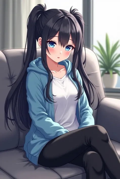 ,  better quality,  18-year-old girl ,  white skin , cabello castaño oscuro y de long hasta la cintura (long) with pigtails,  sky blue eyes, white flannel, light blue jacket,  black pants , That she is sitting on the couch very comfortable,  anime style 