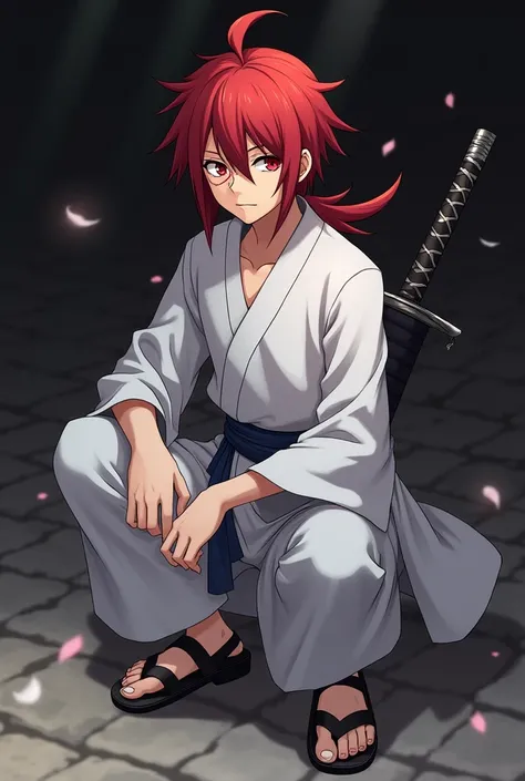 The anime character has hair like Kilwa's hair and red hair. His dress is like Sasuke's. It is white. It has a scar under his eyes and his feet are like those of a samurai. His face is integrated between Atashi's face and Sasori's face. He has a sword on h...