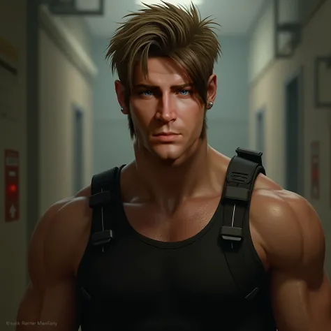  resident evil oc, british male, lean yet muscular build, has sharp, defined facial features, golden-brown, slightly messy hair, A small scar above his left brow. plain black tank tops or tactical gear, with a bullet proof vest and his left ear is pierced,...