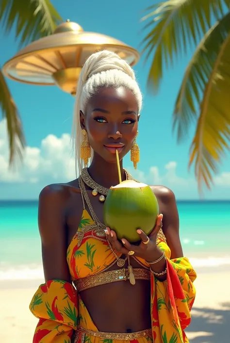  A beautiful white-haired black woman Rastafari ,   blue eyes,  smiling,  wearing shiny futuristic jewelry ,  wearing bright colored futuristic summer clothing with gold details ,  holding a green coconut ,  drinking coconut water with a golden straw . on ...