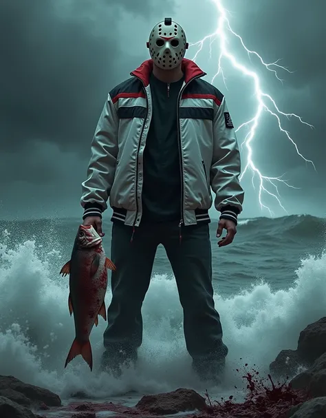 (photorealism:1.2),  Jason Voorhees wearing a white jacket with black and red stripes, holding a large fish with blood bleeding from its tail in a storm on the high seas