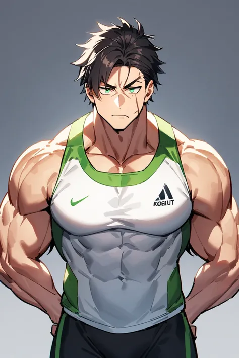  A tall, athletic man ,  with dark hair and green eyes .  He has a scar on his left cheek .

height: 1.90 m
Weight : 90 kg which is less wide
