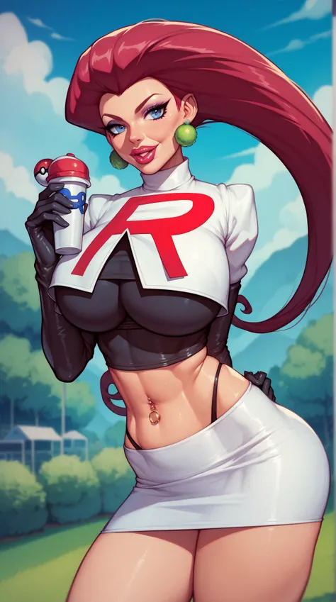 Jessie from pokemon, Team rocket uniform, bimbo milf, white skirt