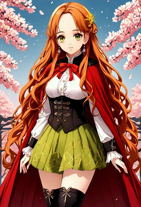 ((best quality)),((highly detailed)),masterpiece,absurdres,detailed face,beautiful face,(detailed eyes, deep eyes),1girl((dynamic pose)),  Mimosa, orange hair, thighhighs, long hair, green eyes, bangs, long sleeves, blunt bangs, wavy hair, zettai ryouiki, ...