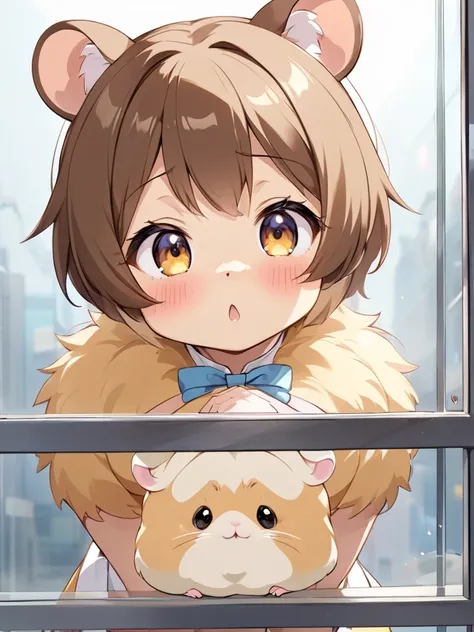 Personification , kawaii anime , furry hamster woman , Press chest against the glass