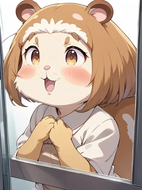 Personification , kawaii anime , furry hamster woman , Press chest against the glass