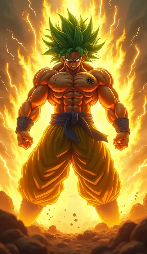 A hyper-realistic cinematic rendering of Broly in his Legendary Super Saiyan form, standing amidst a storm of golden lightning. His massive, muscular frame is covered in scars, evidence of his untamed battles. His wild green hair flows violently in the win...