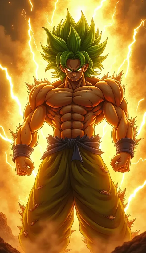 A hyper-realistic cinematic rendering of Broly in his Legendary Super Saiyan form, standing amidst a storm of golden lightning. His massive, muscular frame is covered in scars, evidence of his untamed battles. His wild green hair flows violently in the win...