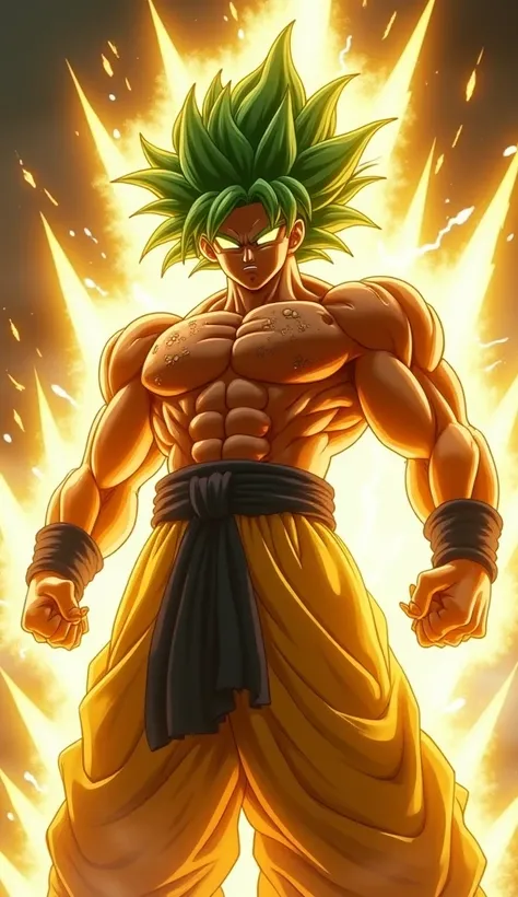 A hyper-realistic cinematic rendering of Broly in his Legendary Super Saiyan form, standing amidst a storm of golden lightning. His massive, muscular frame is covered in scars, evidence of his untamed battles. His wild green hair flows violently in the win...