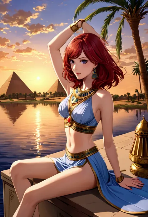 masterpiece, best quality,solo, floating hair,nishikino maki,red hair, detailed eyes,purple eyes, light blue dress ,3pyramids, nile river, sunset,palm tree,medium breasts ,midriff peak, Egypt queen , arms up, medium hair , sitting 