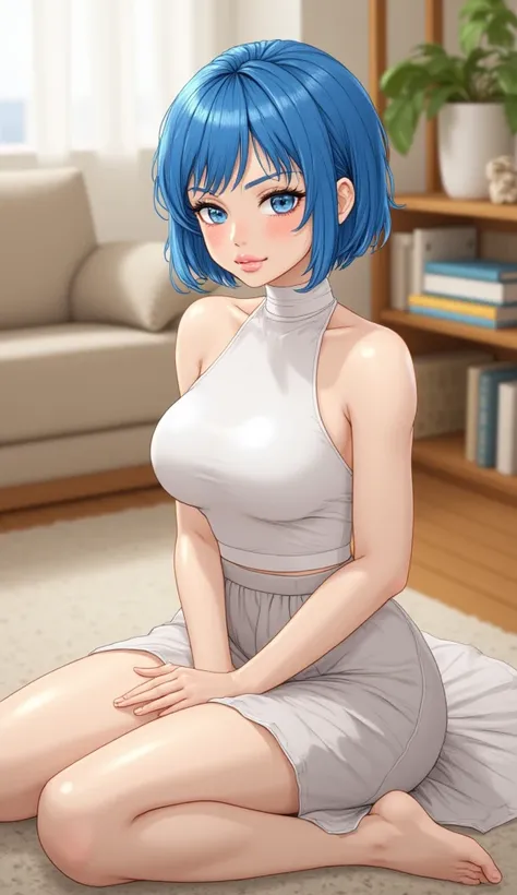 anime girl with blue hair sitting on living room floor, High Resolution Commission, Ross Tran style, 2d art, 2d art, extremely detailed artgerm, OK commission, rei ayanami, from surveillance, Lois van Baerle and Rossdraus, artgerm style, Loisch |, Short bl...