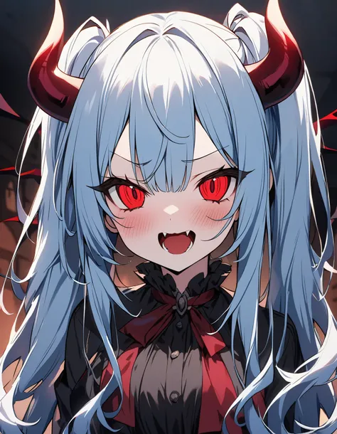 A beautiful girl who became a demon、 light blue long hair、Beautiful girl with twin tail hair、Scary face、A beautiful girl who became a demon with red horns、Demon&#39;s Appearance