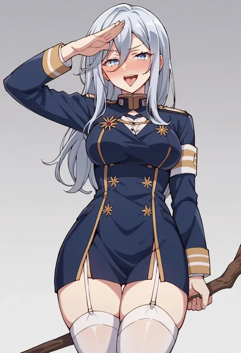 1girl, solo, large hair, long hair, grey hair, blue eyes, hair between eyes, medium breasts, blue clothes, military uniform, long sleeves, bare thighs, garter straps,  white thighhighs, looking at viewer, standing, cowboy shot of wide shot, one arm up and ...