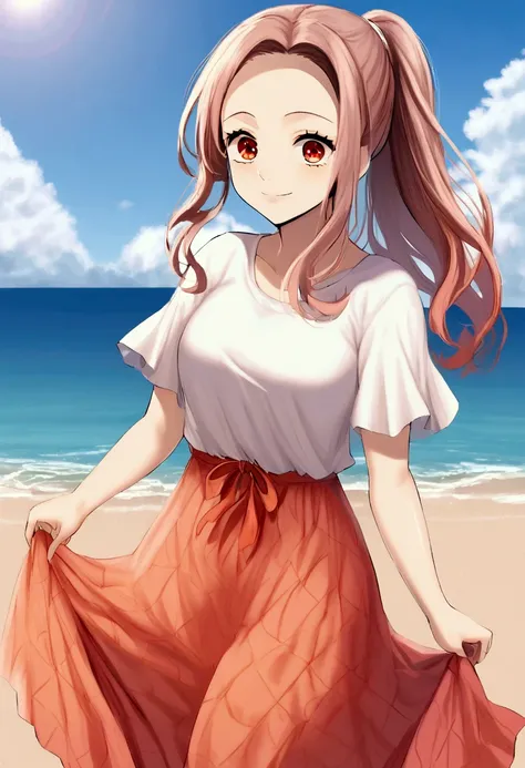 1girl, amber eyes, looking at viewer, smile, pink hair, ponytail, t-shirt , long skirt, summer, day, beach background, cloudy, maria_sarushima,  