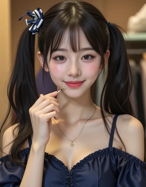 ( super cute, busty Korean college girl applying luxury lipstick to make up:1.2)( smiling carefree from the bottom of her heart :1.2)( I'm happy:1.1)(16k,  RAW photos ,  top quality,  Masterpiece: 1.2),(Glossy black hair with cute twin tails)  Super Detail...