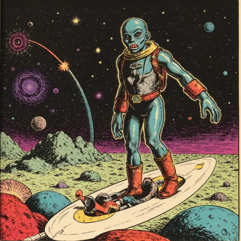 ( masterpiece, better_quality:1.2), 1 alien , Alone ,In the galaxy ,  masterpiece, album over, vintage comic style