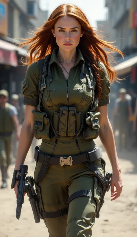 A young woman with flowing red hair and a determined look walks confidently in a blurred urban setting, like an open-air market. She wears a fitted tactical military uniform in shades of olive green, with reinforced details and a vest. The discreet but bol...