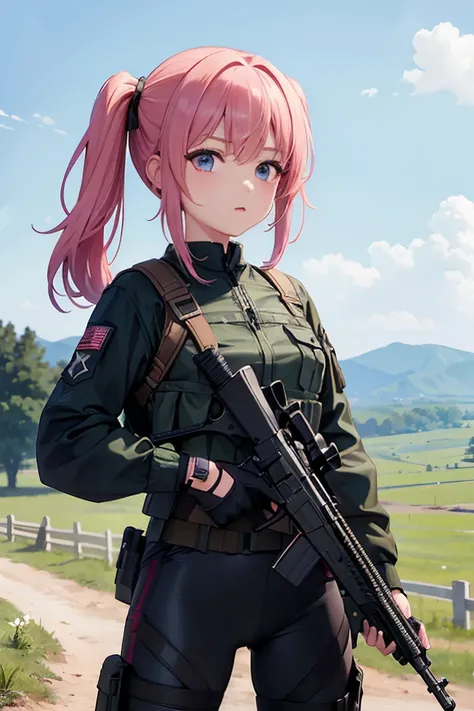 (top-quality、in 8K、32K、​masterpiece), cowboy shot, 1girl, modern soldier suit, holding smg, looking to viewer, battleground background, pigtails, pink hair, 