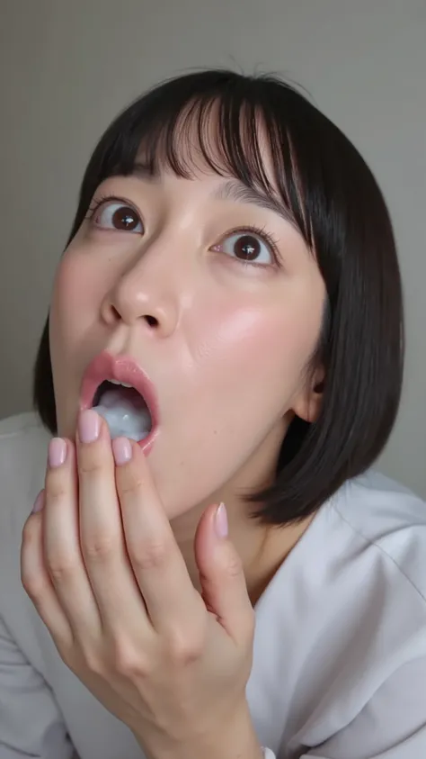 A high resolution photograph of a Japanese adult woman, photo realistic, masterpiece, amazing quality, intricate details, professional lighting, solo, 1girl, clothed, full body, short cut black hair, detailed face, detailed eyes, surprised face, (fingers b...