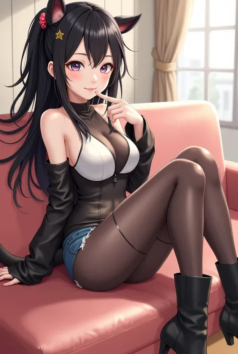 aya, score_9, score_8_up, score_7_up, anime girl with black hair, race tiren, long thin tail with a sharp tip like an arrow, dressed in a top, dressed in tight shorts, torn stockings above the knee, massive boots, cute smiling face, sits on the couch sidew...