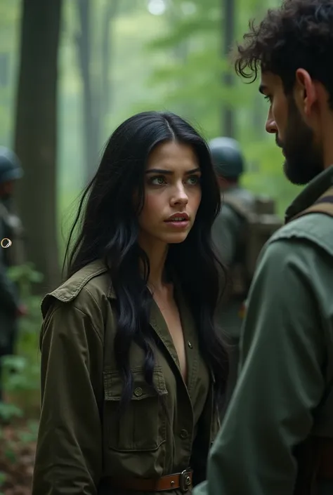 A couple in the middle of a forest, Military around . The attractive and sexy girl , With green eyes and dark black hair,  is upset and throws a ring at the boy dressed as an archaeologist. 