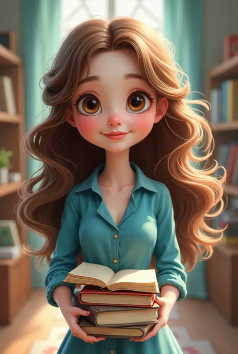  A cartoon cartoon  , of a  ,  with long wavy hair ,  white skin,  dark brown eyes ,  books in her hands and wearing a blue dress
