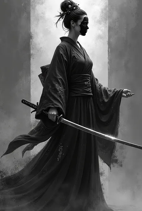 Create a black and gray art of a geisha with a sword in her hand 