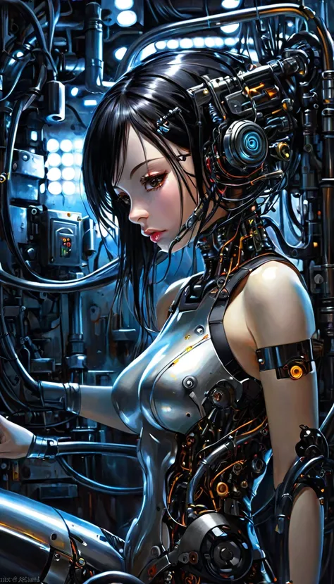  cyborg girl , Charge, Inspired by、It is built into the machine。, dark scene ,(ビル・シェンキーヴィッチInspired byたアート,  complicated details, oil )
