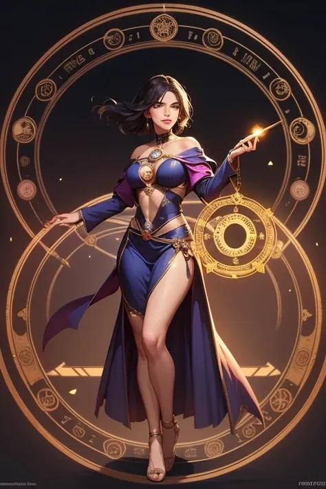 A magical  beautiful witch who knows how to cast spells, holding a magic wand in her hand, with a magic circle behind her and a magic array beneath her feet. The scene is full of magical power and features many gorgeous lighting elements, (magic circle:1.4...