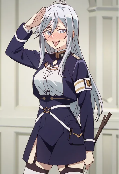 1girl, solo, large hair, long hair, grey hair, blue eyes, hair between eyes, medium breasts, blue clothes, military uniform, white shirt, blue jacket, armband, long sleeves, white belt, blue skirt, slit skirt, black garter straps with white thighhighs, loo...