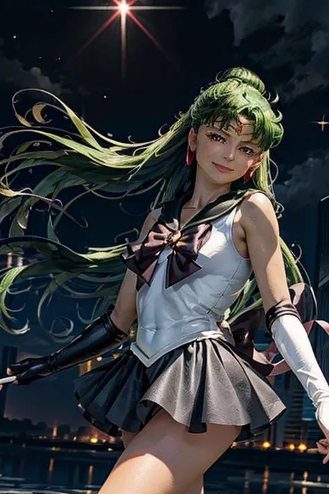  Masterpiece,  top quality,  high resolution,  1 girl, Alone,  Transforming Sailor Pluto、 garnet rod to kill enemies、Defeat an enemy、 half up,  MIDDLE HAIR、 green hair, ( elbow gloves ), Head ornament, Dark red bow, Tight Top, (Black sailor collar),  white...