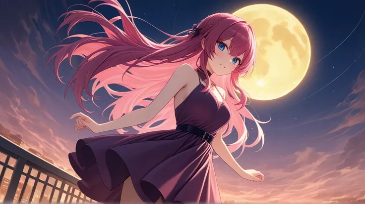 ANIME DARK PURPLE SHINY DRESS DARK PINK HAIR BLUE EYES
There's a star, there's a yellow moon. 