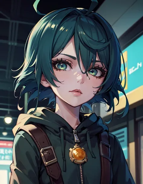 (((beautiful detailed)))(pretty face:1.2), 1girl, orange hoodie, green eyes, female focus, (short hair:1.2),blue hair, retro,nighttime, cyberpunk theme, dark, anime girl walking down a shop lined street at night, (sharp lines:1.2)(clear line:1.2),(eye deta...