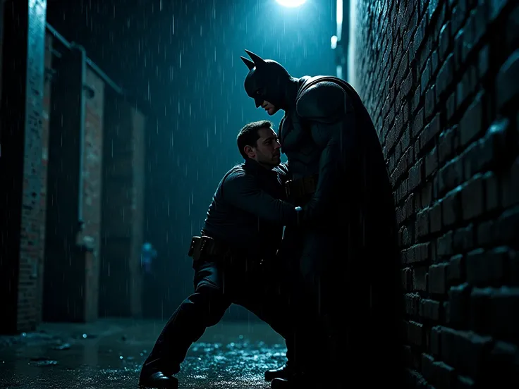 Batman holding a gangster by the collar against the wall,  it's nighttime and it's raining , and they're in an alley