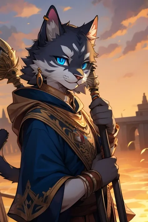 furry, grey spotted druid cat with fluffy ears, blue eyes, earrings in the ears , holds a staff