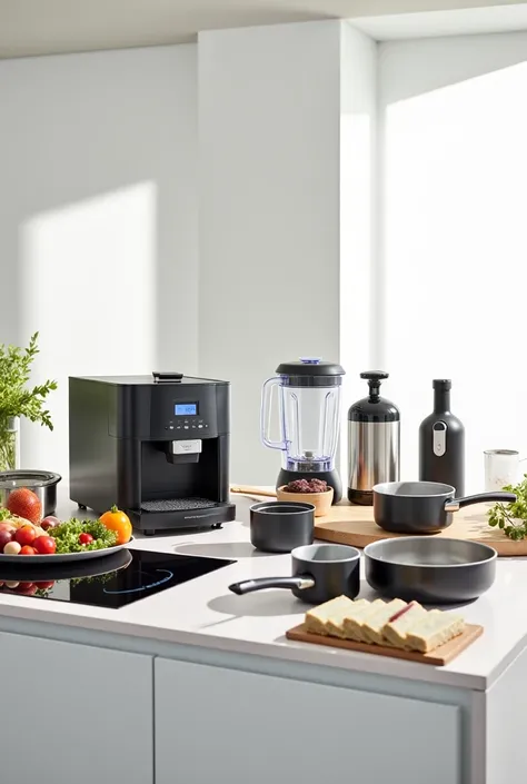 Create a 1366 by 768 image with several diverse and modern kitchen products