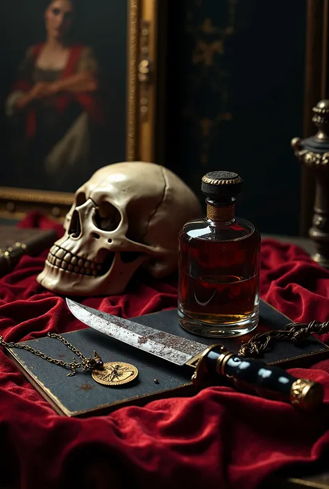  “The cover must convey an aura of mystery and dark luxury.  On an old table there is a stained dagger , A human skull ,  a necklace with a dark stone ,  a burnt painting and a bottle of perfume surrounded by thorns .  The lighting is dim ,  with shadows t...