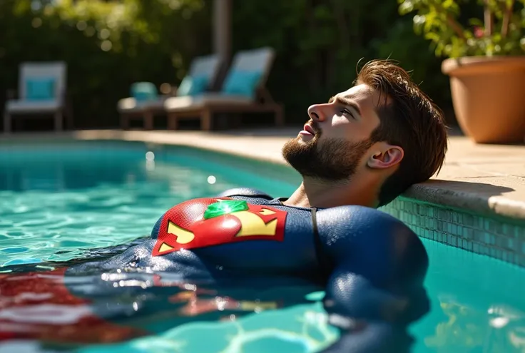  a attractive European Man, ericjanicki, Handsome, short brunette hair, 30 years old, beard, wearing a fitted blue superhero suit with red accents and an 'S'-shaped emblem on his chest, floating on his back in a sunlit pool. His body is completely relaxed,...