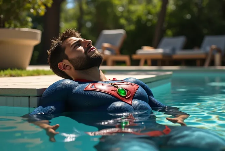  a attractive European Man, ericjanicki, Handsome, short brunette hair, 30 years old, beard, wearing a fitted blue superhero suit with red accents and an 'S'-shaped emblem on his chest, floating on his back in a sunlit pool. His body is completely relaxed,...