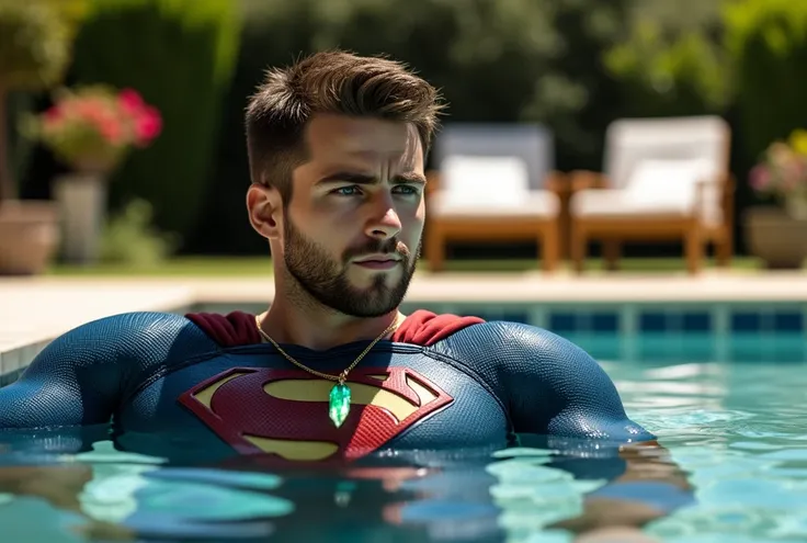  a attractive European Man, ericjanicki, Handsome, short brunette hair, 30 years old, beard, wearing a fitted blue superhero suit with red accents and an 'S'-shaped emblem on his chest, floating on his back in a sunlit pool. His body is completely relaxed,...